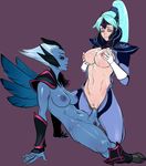  blue_skin bodysuit breast_fondling breast_grab breasts caucasian clothed clothing cum cum_on_breasts dota eyes_closed female fondling hand_on_breast herm intersex intersex/female izra light_skin luna_(disambiguation) luna_(dota) navel nipples nude partially_clothed pubes pussy red_eyes skinsuit tight_clothing vengeful_spirit video_games wings 