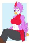  anthro avian beak clothed clothing feathers female invalid_tag kammymau looking_at_viewer navel simple_background smile solo 