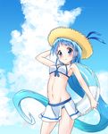  bikini bikini_skirt blue_eyes blue_hair blush cloud commentary_request day hand_behind_head hat highres innertube kantai_collection long_hair looking_at_viewer samidare_(kantai_collection) sky smile solo sun_hat swimsuit very_long_hair yokoshima_(euphoria) 