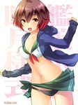  adapted_costume bikini breasts brown_eyes brown_hair gradient_hair hair_ornament hood hooded_jacket jacket kantai_collection looking_at_viewer maki_(seventh_heaven_maxion) midriff multicolored_hair mutsuki_(kantai_collection) navel open_clothes open_jacket open_mouth red_hair remodel_(kantai_collection) sarong short_hair small_breasts solo swimsuit 