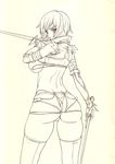  absurdres ass breasts elbow_gloves gloves highres holding holding_weapon inoue_takuya irma large_breasts looking_back midriff monochrome queen's_blade revealing_clothes short_hair sideboob simple_background solo sword thighhighs thighs turtleneck weapon white_background 