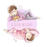  brothers brown_hair cat circle esper_nyanko glasses hat heart highres izumi_(milkywhite2) lying male_focus matsuno_ichimatsu matsuno_todomatsu messy_hair multiple_boys nightcap on_side osomatsu-kun osomatsu-san pajamas pillow siblings sleeping spoken_heart star striped striped_pajamas 