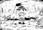  6_9 commentary crying crying_with_eyes_open fire greyscale hat hat_ribbon komeiji_koishi lazy_eye monochrome nicetack ofuda reiuji_utsuho ribbon ruins sleeves_past_wrists solo strabismus tears third_eye touhou 