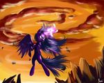  2014 angry cloud cutie_mark equine feathered_wings feathers female fight flying friendship_is_magic fur hair horn magic mammal multicolored_hair my_little_pony nemo2d outside purple_eyes purple_feathers purple_fur rock sky solo twilight_sparkle_(mlp) winged_unicorn wings 