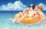  artist_name black_hair blue_sky cloud crab day haikyuu!! hat hinata_shouyou inflatable_armbands innertube juice_box kageyama_tobio male_focus male_swimwear multiple_boys ocean orange_eyes orange_hair partially_submerged sangcoon signature sky sunglasses swim_trunks swimwear 