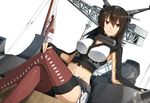  akami_fumio bad_id bad_pixiv_id black_hair brown_eyes crane crossed_legs gloves headgear kantai_collection long_hair machinery nagato_(kantai_collection) sitting smile solo thighhighs 