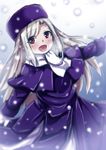  :d coat fate/stay_night fate_(series) gloves hat highres illyasviel_von_einzbern long_hair mittens open_mouth purple_hat red_eyes scarf silver_hair smile snowing solo white_gloves winter_clothes winter_coat yunodon_(sugar_maple) 