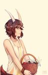  animal_ears apple artist_name basket blue_eyes brown_hair carrying flower food freckles fruit goat_ears goat_tail head_wreath horns lily_(flower) male_focus original sangcoon signature solo tank_top upper_body wristband 