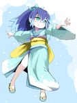  aqua_eyes blue_hair blush commentary_request fubukihime hair_ornament high_ponytail highres japanese_clothes kimono long_hair long_sleeves momo_(higanbana_and_girl) multicolored_hair obi purple_hair sandals sash simple_background smile solo two-tone_hair wide_sleeves youkai youkai_watch 
