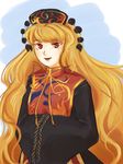  black_dress chinese_clothes dress hair_ornament hands_in_opposite_sleeves hat junko_(touhou) lionrion lips long_hair long_sleeves looking_at_viewer open_mouth orange_hair pom_pom_(clothes) red_eyes ribbon smile solo tabard touhou upper_body wide_sleeves 