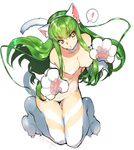  1girl animal_ears breasts c.c. cat_ears cat_paws cat_tail cleavage code_geass cosplay creayus fake_animal_ears felicia felicia_(cosplay) green_hair large_breasts long_hair looking_at_viewer pasties paws simple_background solo spoken_exclamation_mark tail thighhighs twitter_username vampire_(game) white_background white_legwear yellow_eyes 