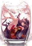  aata1007 air_bubble anklet ass bangs bare_shoulders barefoot black_hair blunt_bangs breasts bubble closed_mouth cup drinking_glass dripping eyebrows eyebrows_visible_through_hair floral_print full_body highres horns ice ice_cube in_container japanese_clothes jewelry kikumon kimono leg_hug legband long_hair looking_at_viewer off_shoulder original petals ponytail print_kimono red reflection small_breasts smile solo submerged very_long_hair water water_drop 