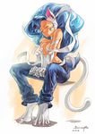  2013 animal_ears artist_name big_hair blue_hair blue_pants boringmu cat_ears cat_tail closed_eyes dated denim felicia full_body highres jeans long_hair monster_girl pants paws sitting smile solo tail v_arms vampire_(game) 