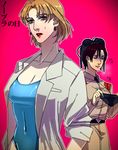  akagi_ritsuko aqua_swimsuit black_bra black_panties blonde_hair bra bra_on_head breasts brown_hair cleavage closed_eyes collarbone commentary_request elina_kuroe_no_daarin green_eyes ibuki_maya labcoat lipstick makeup medium_breasts multiple_girls navel neck neon_genesis_evangelion object_on_head open_mouth panties short_hair simple_background smile sweatdrop swimsuit swimsuit_under_clothes translation_request underwear yuri 