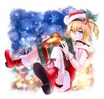  bad_id bad_pixiv_id black_choker blonde_hair blue_background blue_eyes boots bow box character_hair_ornament choker christmas edna_(tales) full_body gift gift_box green_bow hair_bow hair_ornament hair_ribbon hairband hat kururi_(oekaki_nikki) light_particles looking_at_viewer normin_(tales) red_footwear red_hat red_skirt ribbon santa_hat short_hair side_ponytail skirt snowflakes solo strap_slip tales_of_(series) tales_of_zestiria tress_ribbon wrist_cuffs yellow_background 