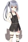  arms_behind_back bad_id bad_twitter_id bangs bare_shoulders black_dress blunt_bangs blush brown_eyes collarbone commentary_request dress flat_chest grey_hair hair_ribbon kantai_collection kasumi_(kantai_collection) kawata_hisashi long_hair machinery no_bra no_panties pinafore_dress remodel_(kantai_collection) ribbon side_ponytail solo thigh_strap 