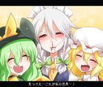  :d blonde_hair blood blush bow braid closed_eyes commentary face fang flandre_scarlet girl_sandwich green_hair hat hat_bow izayoi_sakuya komeiji_koishi letterboxed maid maid_headdress mob_cap multiple_girls nosebleed open_mouth sandwiched silver_hair smile sparkle takorice touhou translated twin_braids upper_body 