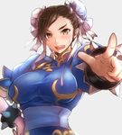  :o blue_dress blush bracelet breasts brown_eyes brown_hair bun_cover chun-li double_bun dress hand_on_hip highres jewelry large_breasts palms pointing puffy_short_sleeves puffy_sleeves sash short_hair short_sleeves solo sowel_(sk3) spiked_bracelet spikes street_fighter sweatdrop teeth underbust upper_body v-shaped_eyebrows 