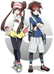  1girl baseball_cap blue_eyes brown_hair double_bun hat hogi holding holding_poke_ball jacket kyouhei_(pokemon) legwear_under_shorts long_hair mei_(pokemon) pantyhose pantyhose_under_shorts poke_ball pokemon pokemon_(game) pokemon_bw2 raglan_sleeves short_hair shorts smile twintails visor_cap 