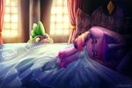  2015 9de-light6 bed blanket clenched_teth curtains dragon duo equine eyes_closed female feral friendship_is_magic fur green_eyes hair hi_res horn inside mammal multicolored_hair my_little_pony pillow purple_fur scalie sleeping spike_(mlp) twilight_sparkle_(mlp) unicorn window 