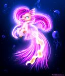  2015 9de-light6 abstract_background blue_eyes bubble clothing equine female feral fluttershy_(mlp) friendship_is_magic fur glowing glowing_eyes hair hi_res jellyfish long_hair looking_at_viewer mammal marine my_little_pony pink_hair solo underwater water yellow_fur 