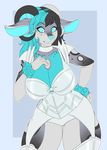  anthro big_breasts breasts caprine clothed clothing female garter goat horn kammymau looking_at_viewer mammal no_pupils simple_background smile solo teeth thick_thighs 