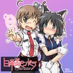  ahoge aioi_yuuko blush brown_hair clarion clarion_(cosplay) commentary_request cosplay gaketsu gloves gradient gradient_background grey_eyes grey_hair koukaku_no_pandora multiple_girls nanakorobi_nene nanakorobi_nene_(cosplay) necktie nichijou one_eye_closed open_mouth pink_background purple_background shinonome_nano v white_gloves 