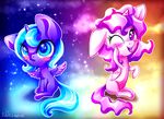  2015 9de-light6 abstract_background blue_eyes blue_fur blue_hair blush chibi duo equine feathered_wings feathers female feral friendship_is_magic fur hair hi_res horn looking_at_viewer mammal my_little_pony pink_hair princess_celestia_(mlp) princess_luna_(mlp) purple_eyes smile star white_feathers white_fur winged_unicorn wings 