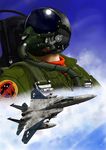  ace_combat ace_combat_zero aircraft airplane cipher_(ace_combat) cloud cockpit drop_tank emblem f-15_eagle fighter_jet gemini69 helmet highres jet male_focus military military_vehicle missile multiple_views oxygen_mask pilot pilot_suit projected_inset reflection sky 