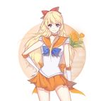  aino_minako bishoujo_senshi_sailor_moon blonde_hair blue_bow blue_eyes bow brunette_(realsyaoran) choker contrapposto cowboy_shot elbow_gloves flower gloves hair_bow hand_on_hip long_hair looking_at_viewer miniskirt orange_choker orange_sailor_collar orange_skirt sailor_collar sailor_senshi_uniform sailor_venus skirt solo standing super_sailor_venus tulip venus very_long_hair 