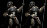  3d_(artwork) anthro armor black_background blue_eyes cgi clothed clothing cross_eye_stereogram digital_media_(artwork) erection hand_on_penis holding_object holding_weapon looking_at_viewer male partially_clothed pecs penis presenting presenting_penis scalie sharp_teeth simple_background solo standing stereogram teeth unknown_artist weapon 