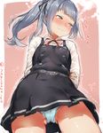  blush commentary_request dress grey_hair kantai_collection kasumi_(kantai_collection) panties pantyshot pinafore_dress remodel_(kantai_collection) side_ponytail solo tears translation_request trembling underwear wavy_mouth yakitomeito 