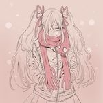  coat hair_over_one_eye hair_ribbon hands_in_pockets long_hair looking_at_viewer miya9 monochrome original pink_background ribbon scarf simple_background skirt smile snowing solo twintails 