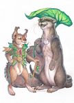  belt bracelet brown_eyes brown_fur button cane clothing drachenmagier ear_tuft feathers fur jacket jewelry leaf_umbrella mammal mustelid necklace otter rodent rope seashell simple_background squirrel tuft white_background 
