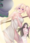  :o alternate_costume bangs black_hair blonde_hair blue_eyes blurry blush breasts cleavage clenched_teeth collarbone covering covering_breasts depth_of_field floating floating_object gradient_hair groin hair_between_eyes hair_ornament hair_ribbon highres holding izumi_reina kawakami_mai klon large_breasts long_hair looking_away mole mole_under_eye motion_lines multicolored_hair multiple_girls musaigen_no_phantom_world naked_towel purple_eyes ribbon side_ponytail simple_background swinging teeth towel very_long_hair visible_air yellow_background 