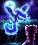  2015 9de-light6 absurd_res apple_bloom_(mlp) blue_eyes blue_feathers blue_fur blue_hair bow crown cutie_mark duo equine feathered_wings feathers female feral flying forest friendship_is_magic fur glowing grass hair hi_res horn jewelry mammal moon my_little_pony necklace princess_luna_(mlp) purple_hair sky spread_wings star tree winged_unicorn wings 