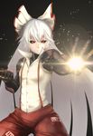  absurdres black_sclera bow clenched_hand cosplay cyborg fighting_stance fujiwara_no_mokou genos genos_(cosplay) glowing hair_bow hair_ribbon highres long_hair one-punch_man pants puchikya red_eyes ribbon shirt silver_hair solo suspenders touhou very_long_hair 