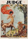  1925 arm_support black_hair bracelet breasts centaur duo english_text equine equine_taur female hair horn horseshoe jewelry male mammal mythology nude outside red_hair satyr sidney_delevante sitting taur text tree 