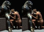  3d_(artwork) anthro armor black_background blue_eyes butt cgi circumcised clothed clothing cross_eye_stereogram digital_media_(artwork) duo erection fellatio hair hand_on_penis hand_on_thigh human humanoid_penis male male/male mammal nude oral partially_clothed penis scalie sex sharp_teeth simple_background sitting stereogram tattoo teeth unknown_artist 