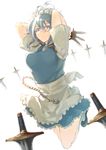  apron arms_up blue_eyes braid breasts commentary_request fujinohara_akihira izayoi_sakuya knife looking_at_viewer maid maid_headdress medium_breasts pocket_watch puffy_sleeves short_hair short_sleeves silver_hair solo spell_card touhou twin_braids waist_apron watch 