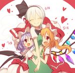  :d ^_^ bat_wings blonde_hair bow closed_eyes commentary dress fang flandre_scarlet girl_sandwich green_dress hair_ribbon hat hat_bow heart hug konpaku_youmu kuresento lavender_hair mob_cap multiple_girls open_mouth puffy_short_sleeves puffy_sleeves red_dress red_eyes remilia_scarlet ribbon sandwiched short_sleeves side_ponytail smile touhou white_dress wings 