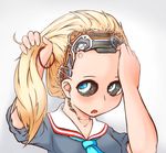  adjusting_hair android blonde_hair blouse blue_eyes borisx fingernails grey_background grey_blouse hair_tie highres long_hair looking_at_viewer necktie open_mouth original parts_exposed portrait school_uniform serafuku simple_background sleeves_pushed_up solo tying_hair 