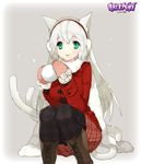  animal_ears argyle argyle_legwear black_legwear boots brown_footwear cat_ears cat_tail coat cross-laced_footwear earmuffs green_eyes lace-up_boots long_hair mami_(apsaras) mittens multiple_tails pantyhose plaid plaid_skirt scarf sitting skirt smile snowball solo tail white_hair winter_clothes youjo_taisen 
