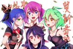  4girls ahoge alternate_costume bare_shoulders blue_eyes blue_hair bow bracelet_girls breasts cleavage collarbone dress earrings green_eyes green_hair hair_bow highres hiiragi_yuzu jewelry kurosaki_ruri long_hair looking_at_viewer medium_breasts multicolored_hair multiple_girls open_mouth pink_eyes pink_hair ponytail purple_hair rin_(yuu-gi-ou_arc-v) serena_(yuu-gi-ou_arc-v) short_hair short_twintails smile toniku_kushiyaki translation_request twintails two-tone_hair yellow_eyes yuu-gi-ou yuu-gi-ou_arc-v 