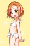  absurdres ass bikini brown_eyes brown_hair child flat_chest from_behind go_p hair_ornament hairclip highres idolmaster idolmaster_cinderella_girls looking_back open_mouth ryuuzaki_kaoru short_hair smile solo swimsuit v 