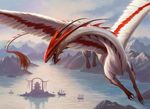  adam_paquette atmospheric_perspective boat building dragon feathers flying front_view high-angle_view horn lake landscape long_neck magic_the_gathering mountain official_art open_mouth quadruped sharp_teeth signature solo spines spread_wings teeth vehicle wings 