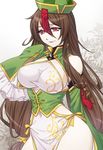  bibyo breasts brown_hair china_dress chinese_clothes detached_sleeves dress hair_between_eyes hat jiangshi_yui large_breasts long_hair ofuda red_eyes ring_dream smile solo very_long_hair wrestling_outfit 