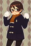  argyle argyle_background black_legwear blush brown-framed_eyewear brown_background brown_eyes brown_hair brown_scarf coat cowboy_shot duffel_coat glasses looking_at_viewer mittens open_mouth original outline oza_watto pantyhose scarf smile solo 