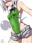  bare_shoulders bow bowtie breasts competition_swimsuit covered_navel covered_nipples cowboy_shot detached_collar duplicate faceless faceless_female green_swimsuit highleg highleg_swimsuit konpaku_youmu konpaku_youmu_(ghost) one-piece_swimsuit short_hair short_shorts shorts simple_background small_breasts smirk solo standing swimsuit tajima_yuuki touhou white_background white_hair 