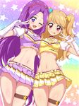  :p ;d aikatsu! aikatsu!_(series) arm_around_waist ass_visible_through_thighs asymmetrical_docking blonde_hair breast_press breasts choker covered_nipples crop_top gloves hair_intakes hair_ornament hairband heart heart_hair_ornament highres idol jewel_(the_black_canvas) jewelry kanzaki_mizuki leg_garter long_hair looking_at_viewer medium_breasts midriff miniskirt multiple_girls natsuki_mikuru navel necklace one_eye_closed open_mouth panties pantyshot pantyshot_(standing) pleated_skirt purple_eyes purple_hair red_eyes skirt smile standing star star_hair_ornament thigh_gap tongue tongue_out two_side_up underwear v white_gloves white_panties 